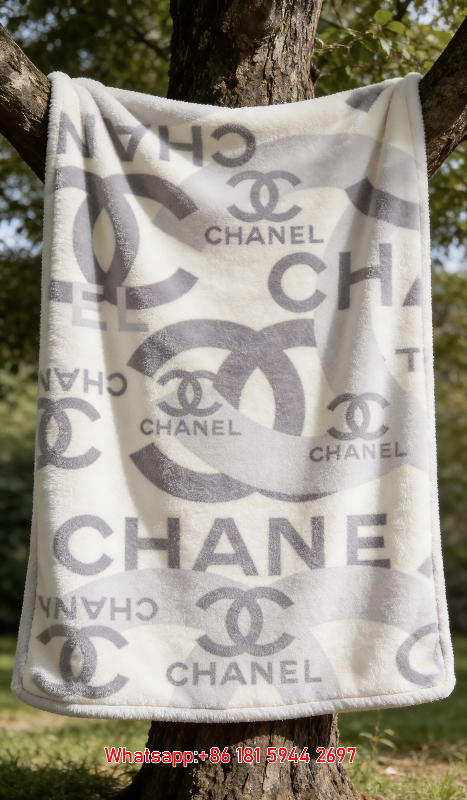 Minimalist Light Grey All-Over Print Chanel Double C Logo Flannel Sofa Throw Blanket IMG_6989